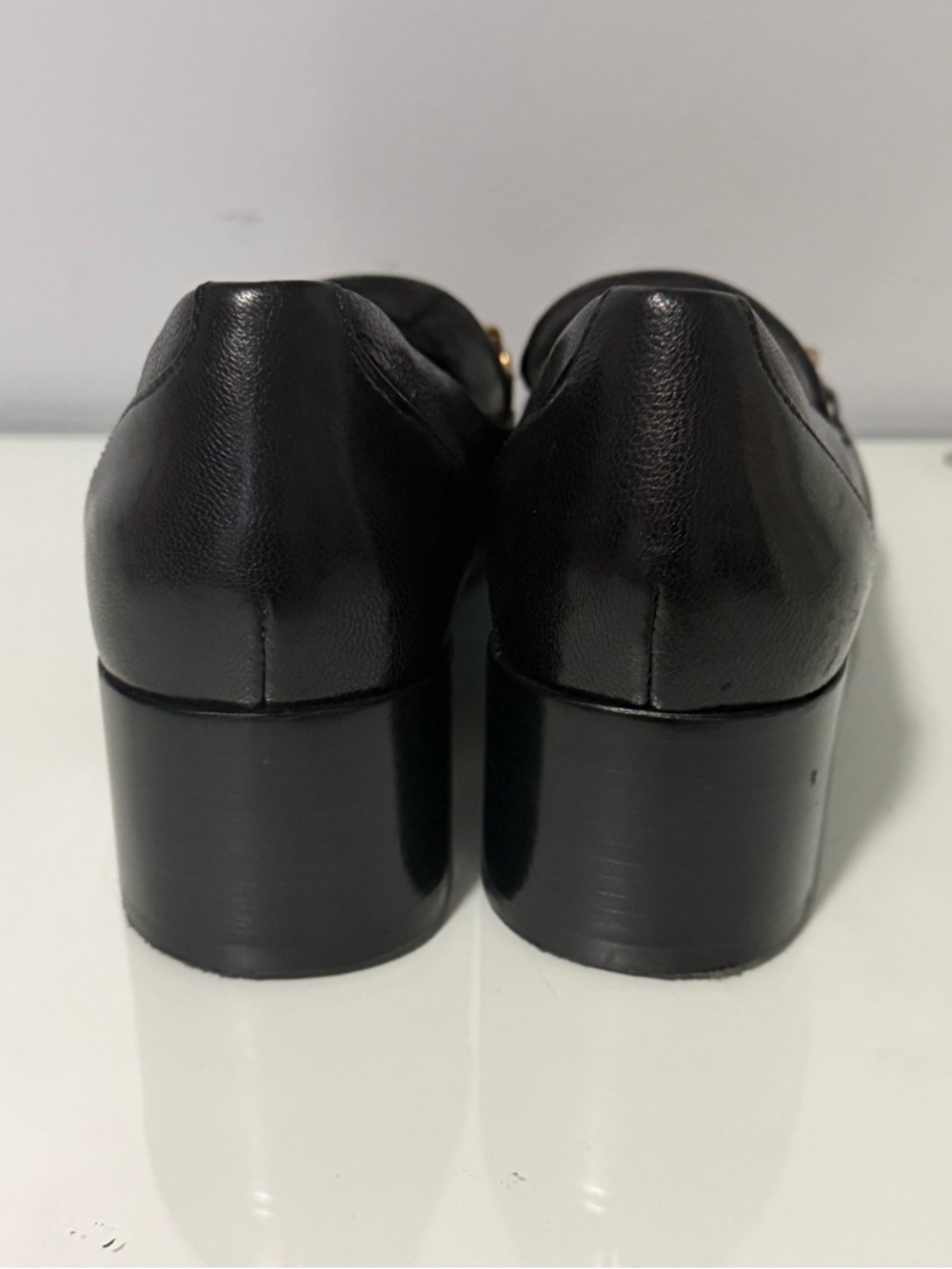 Tory Burch Jessa Loafers Black Leather Block Heel Loafers with Gold Chain Accent - Picture 4 of 11